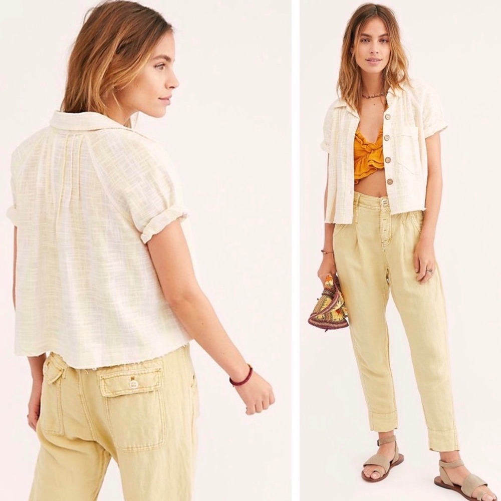 We The Free Womens Away At Sea Linen Blend Boho Striped Crop Button Top Size M